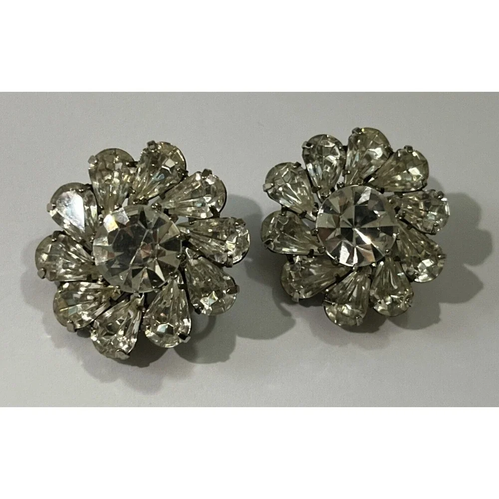 Vintage Rhinestones Clip On Earrings Jewelry Dressy Ice Classic Flowers Circles‎